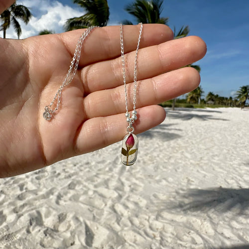 Natural Dried Rose Bud Flower Necklace - .925 Silver