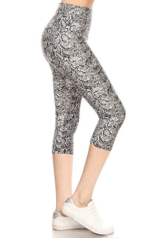 Yoga Style Banded Lined Snakeskin Printed Knit Capri Legging With High Wais