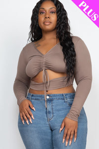 Macy Drawstring Ruched Cutout Crop Top - Plus Size