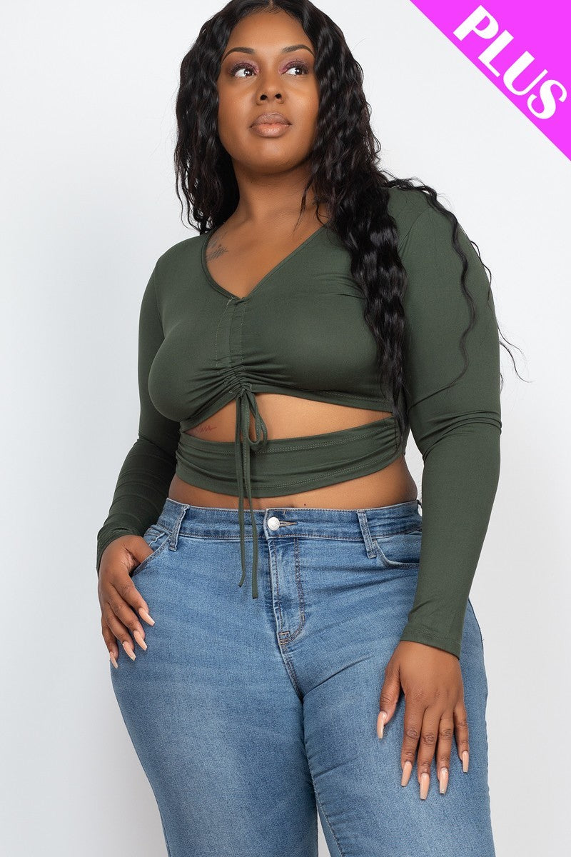 Macy Drawstring Ruched Cutout Crop Top - Plus Size