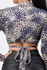 Animal Print Collared Back-tie Wrap Top