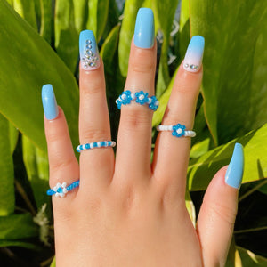 Light Blue Flower Beaded Ring Set