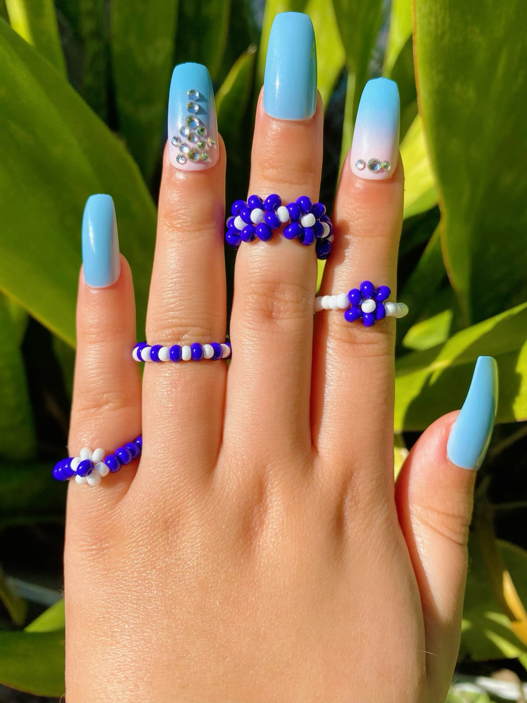 Dark Blue Flower Beaded Ring Set