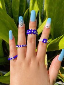 Dark Blue Flower Beaded Ring Set