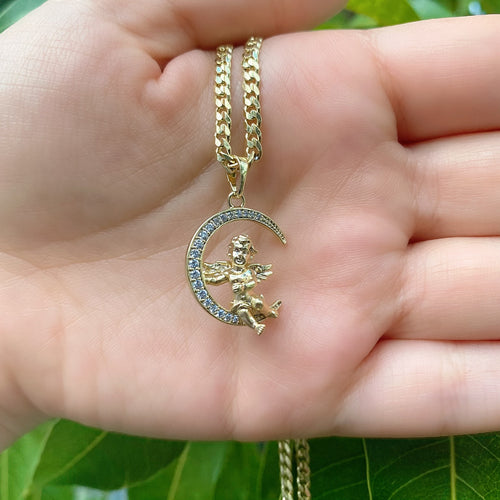 Angel sitting on the moon necklace