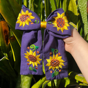 sunflower purple embroidered hair bow clip 