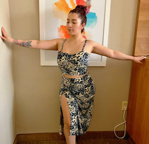 2 piece set leopard animal print with skirt and crop top