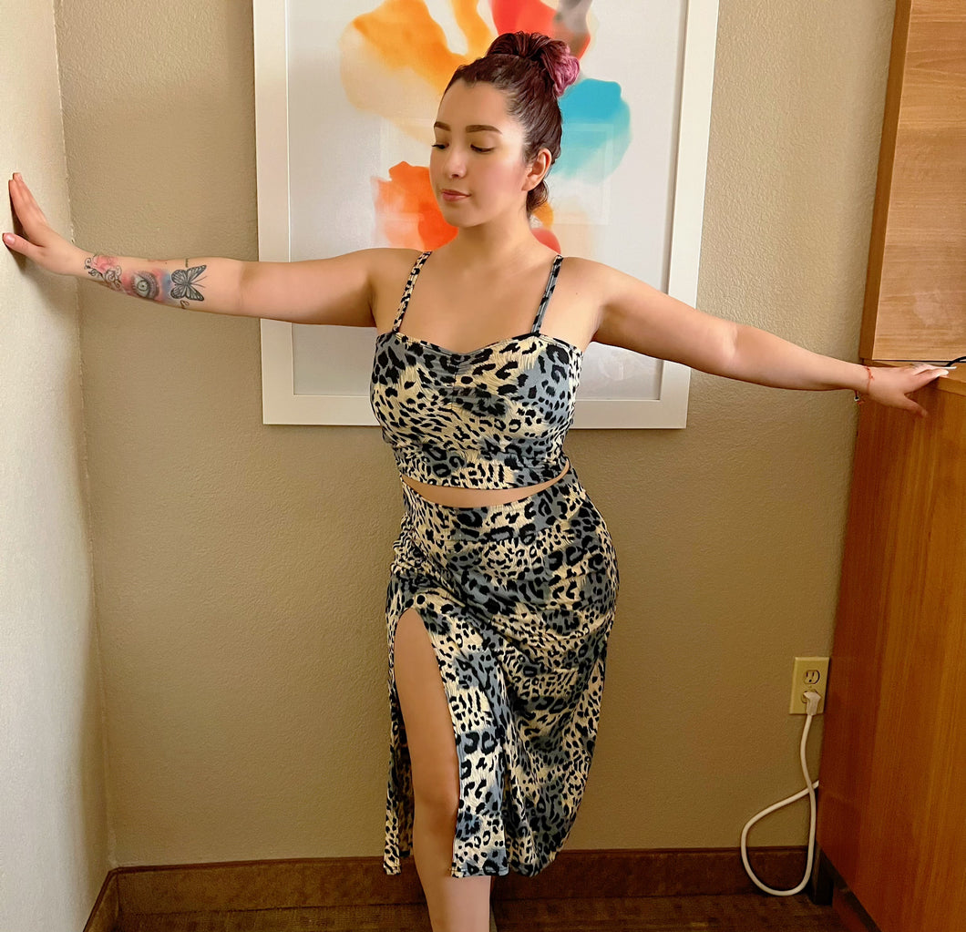 2 piece set leopard animal print with skirt and crop top
